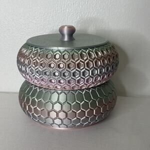 Honeycomb Canister Bowls Set Of 2 Plastic Iridescent Lidded Storage Decor Pastel